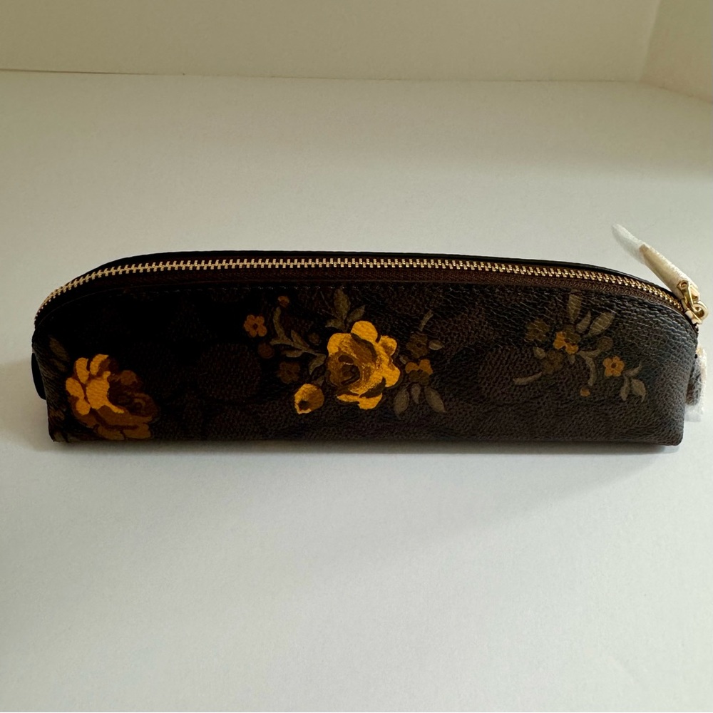 Coach CCI83 Signature Canvas Floral Print Pencil Case Walnut Yellow NWT - Picture 3 of 15